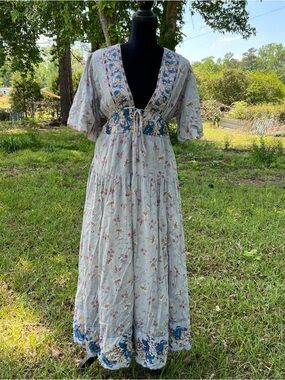 Free People Lysette Maxi Dress Floral V Neck Blue Cottagecore Boho Size XS